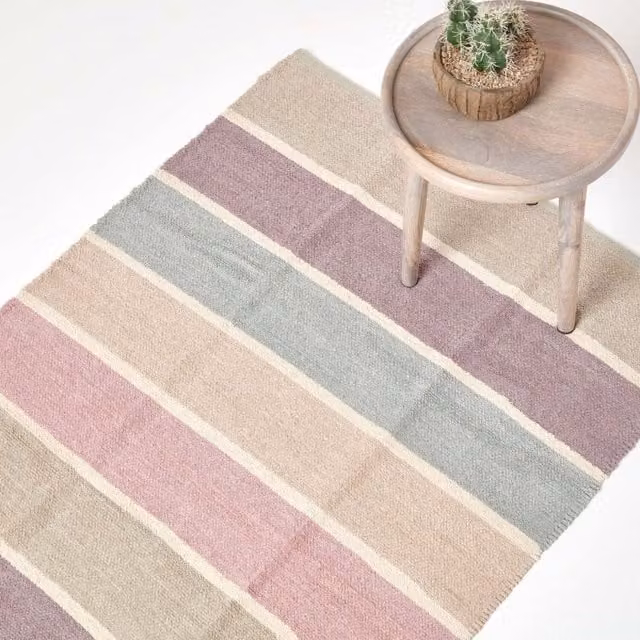 Homescapes Woven Chenille Striped Cotton Rectangular Rug in Purple and Multicolour, 150 cm
