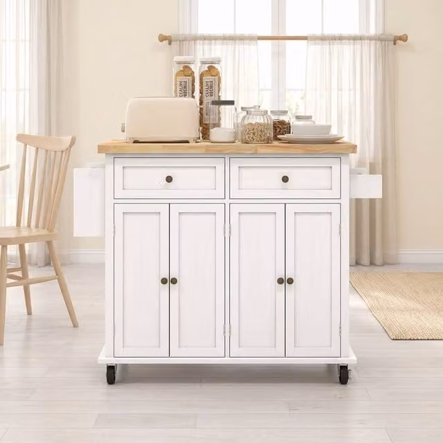 STILVORA Kitchen Island Storage Trolley with Drawers in White Lacquered Wood and MDF, W/D/H: 111.0 x 44.5 x 82.5 cm