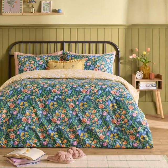 Furn Emerie Reversible Floral Cotton Blend Duvet Cover Set, Navy, W: 140 cm, H: 200 cm