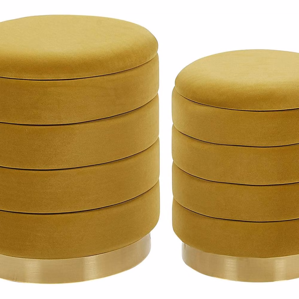 Wyld and Coco Set of 2 Yellow Tufted Velvet Cylindrical Storage Pouffes with Gold Stainless Steel Base – 2
