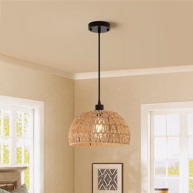 Garwarm Boho Rattan Semi Flush Mount Ceiling Light, Brown, E27, Height Adjustable