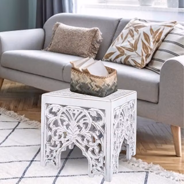 Topfurnishing White Square Carved Indian Wooden Side End Coffee Table