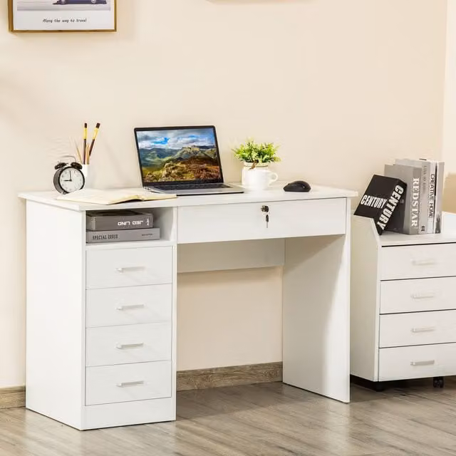 HOMCOM Modern White Computer Desk with Lockable Single Pedestal Drawer