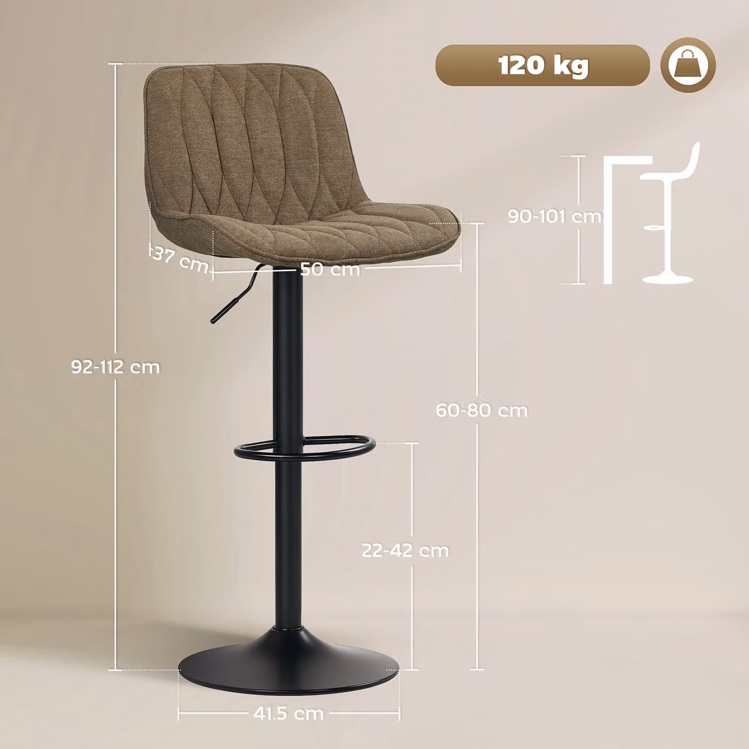 HOMCOM Set of Two Brown Linen-Look Swivel Bar Stools with Metal Legs – 3