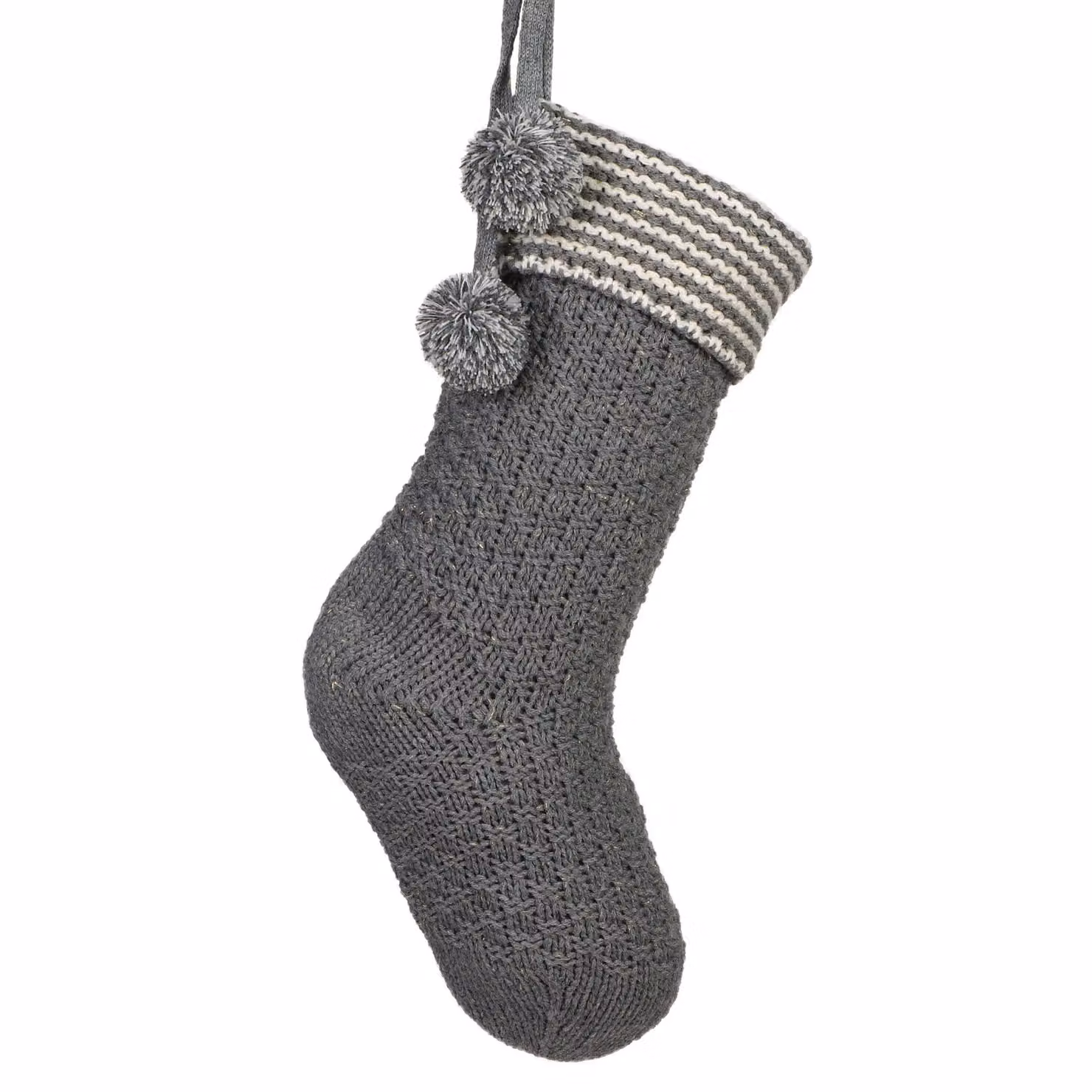 Dibor Set of 2 Grey and Gold Chunky Knit Pom Pom Christmas Stockings – 2