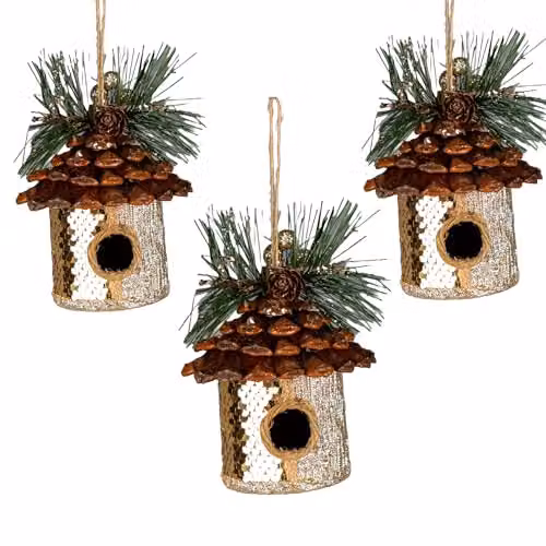 Shatchi 3Pcs Gold Sequin Birdhouse Hanging Christmas Tree Pendants, W/H: 10 x 11 cm