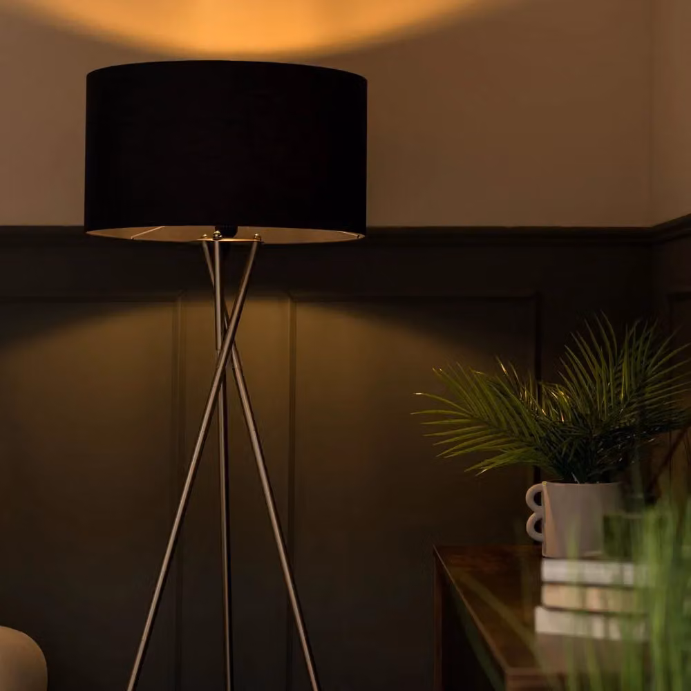 ValueLights Camden Modern Polished Chrome Metal Tripod Floor Lamp with Black Fabric Drum Shade, H 154 cm x W 57 cm x D 57 cm – 2