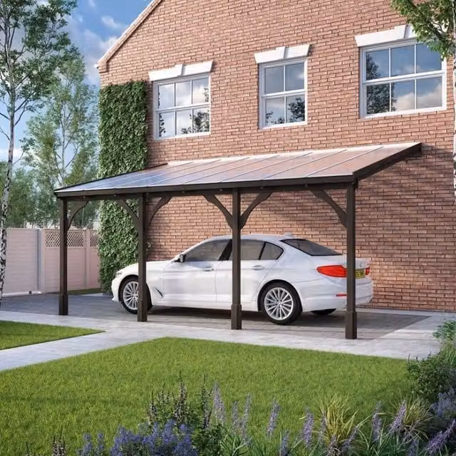 Rutland County Garden Furniture Polycarbonate Roof 4 Post Wood Carport in Brown with Light Green Pent Roof, W: 650 cm, L: 350 cm