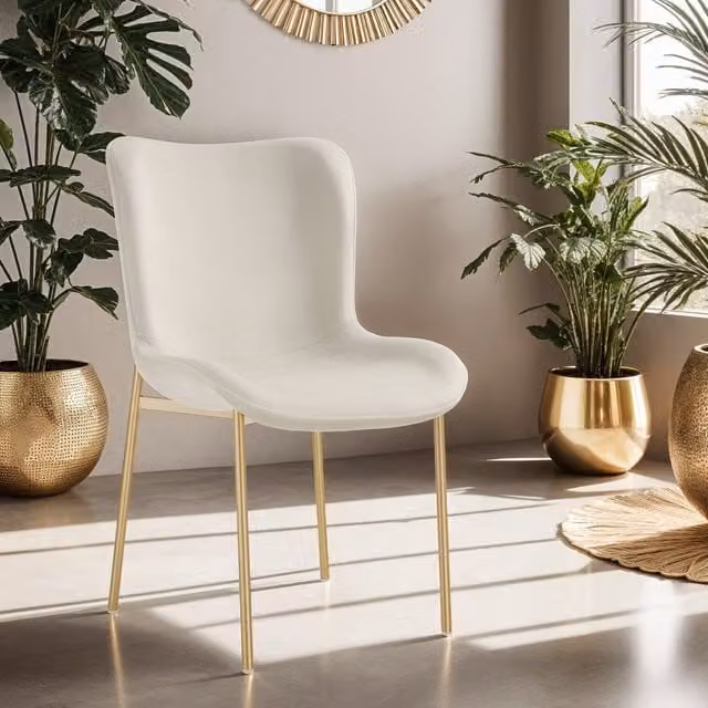 Tectake Modern Dining Chair in White Bouclé Fabric with Gold Metal Accents