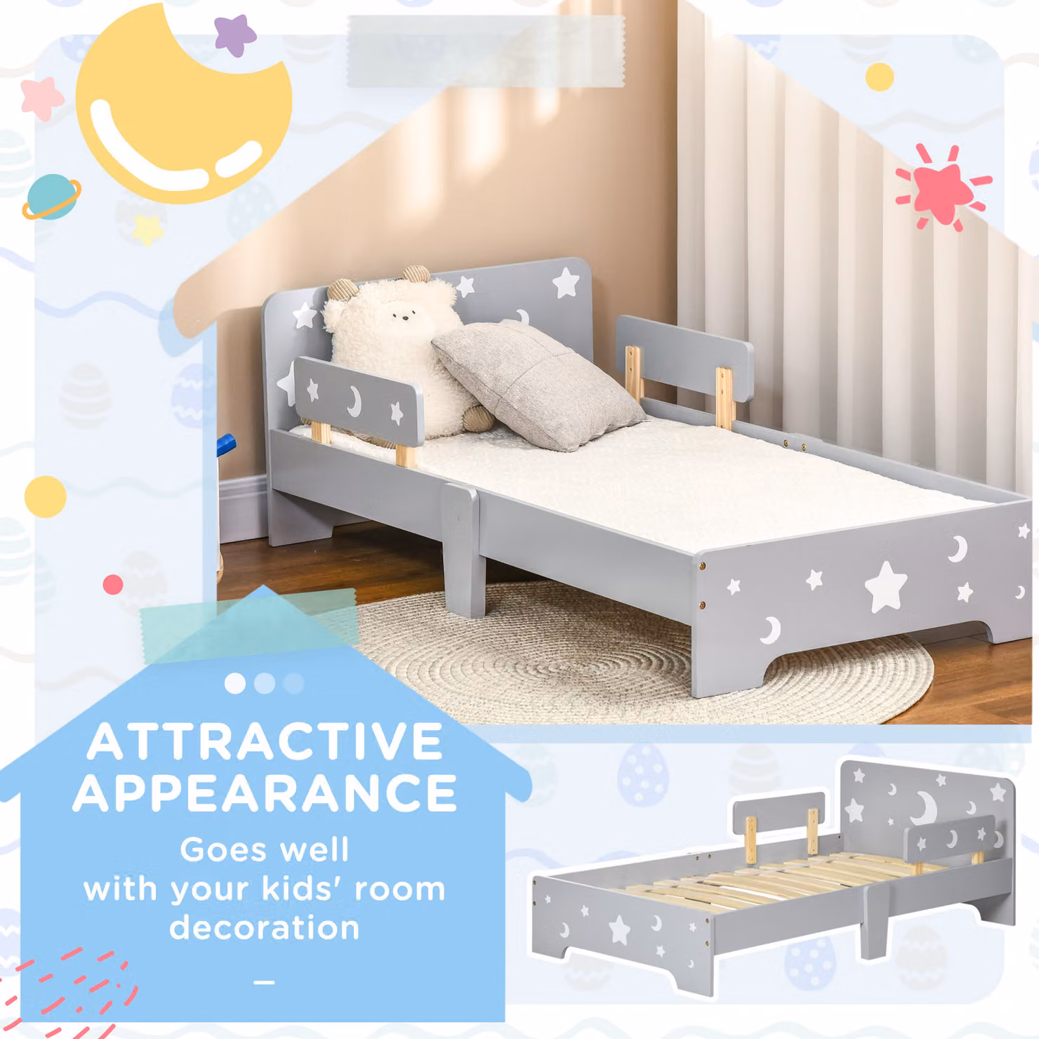 ZONEKIZ Kids Toddler Bed with Star and Moon Patterns in Grey, W/D/H: 143 x 76 x 49 cm – 3