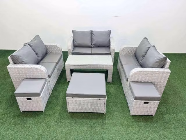Fimous 9 Seater PE Wicker Rattan Garden Furniture Set in Light Grey with Oblong Coffee Table, 2 Seater Sofa and 3 Ottomans