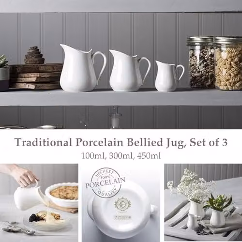 WM Bartleet & Sons White Porcelain Traditional Milk Jug Set of 3 with 450 ml, 300 ml and 100 ml Capacities – 4