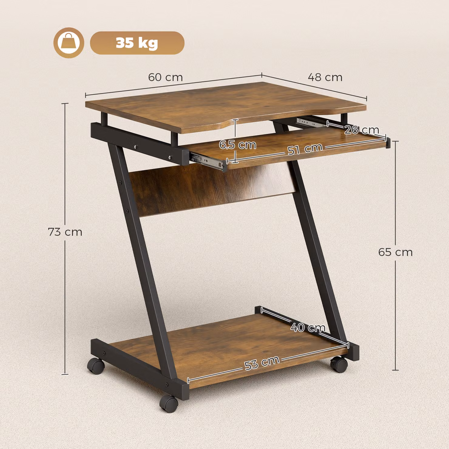 HOMCOM Modern Brown Movable Computer Desk with Keyboard Tray and Castors – 3