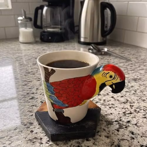 Handmade Ceramic Parrot Design Mug in White and Multicolour with 3D Handle – 3