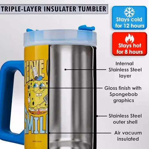 Get Trend SpongeBob SquarePants Insulated Stainless Steel Tumbler with Straw and Handle, Yellow, 920ml – 4