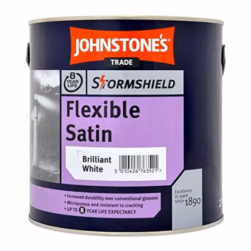 Johnstone's Stormshield Flexible Satin Brilliant White Wood Paint, 2.5 l