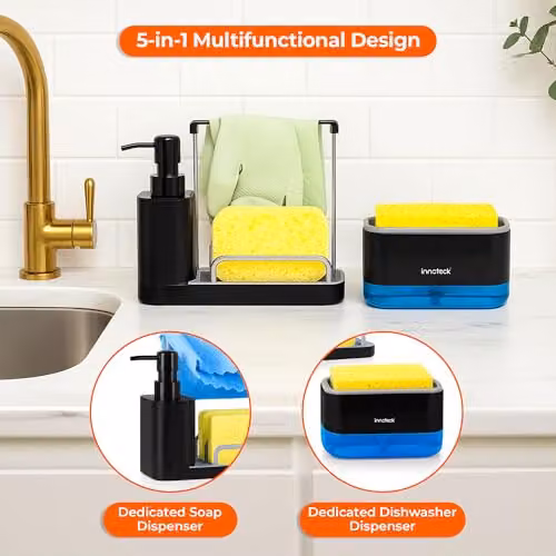 Innoteck Sink Organiser Set in Black with Dual Soap Dispenser, Sponge Holder and Removable Drip Tray (370ml + 350ml Capacity) – 2