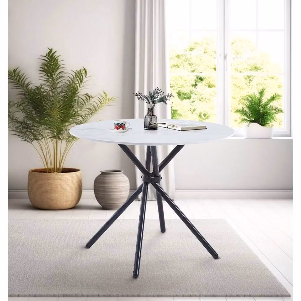 FORGEVIO Round Modern Dining Table with White Marble Effect Top and Black Metal Legs – 2