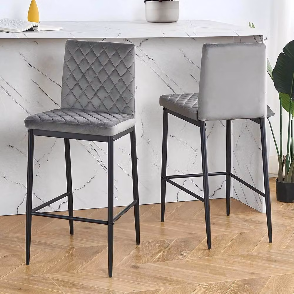 KORVIXA Grey Velvet Bar Chair Set with Metal Frame – 3