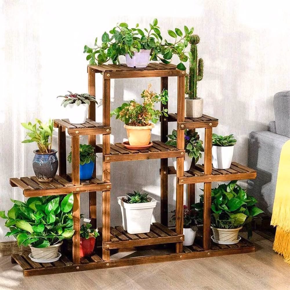 EONLION 9 Tier Rustic Brown Pine Wood Flower Rack and Freestanding Garden Plant Shelf Stand – 3