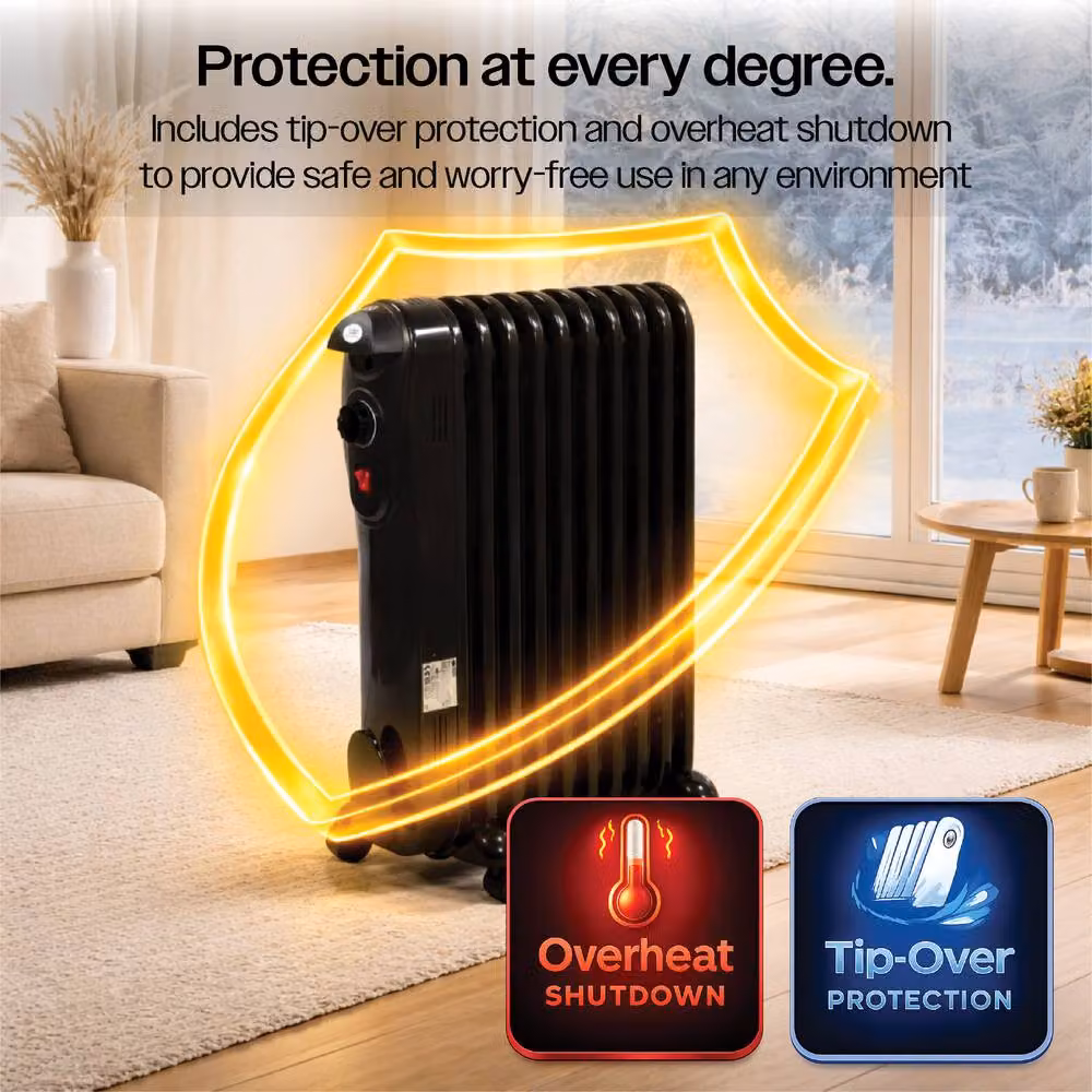 Prem-i-Air 2kW 9-Fin Portable Oil Filled Radiator Heater in Black with Adjustable Thermostat and Safety Cut-Off – 5