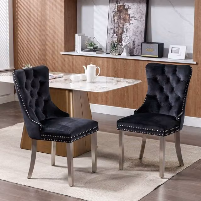 Modern Home Touch Winchester Set of 2 Black Velvet Upholstered Dining Chairs with Silver Chrome Legs – 1