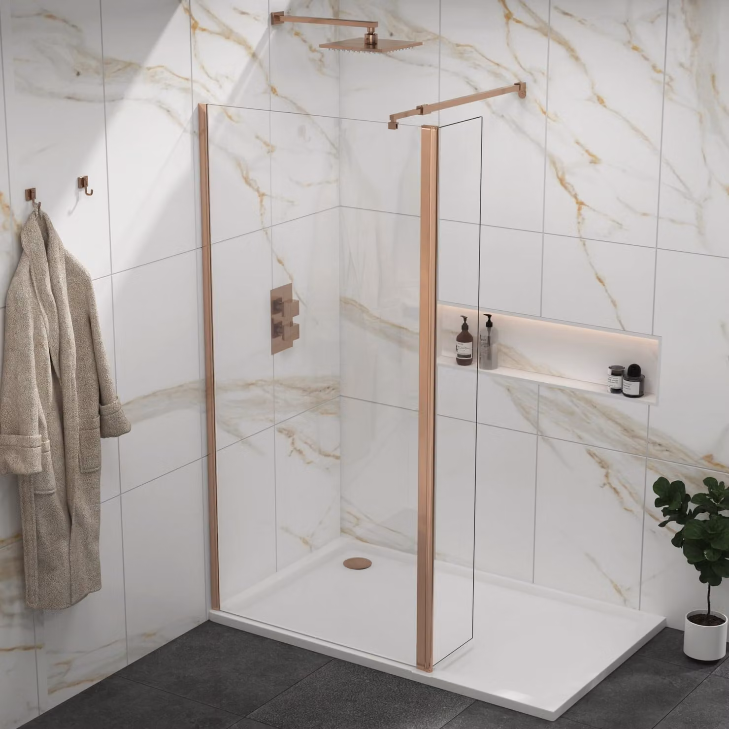 Royal Bathrooms Marbella 300mm Brushed Bronze Wet Room Flipper Panel with 8mm Easy Clean Clear Glass, W: 30 cm, H: 185 cm