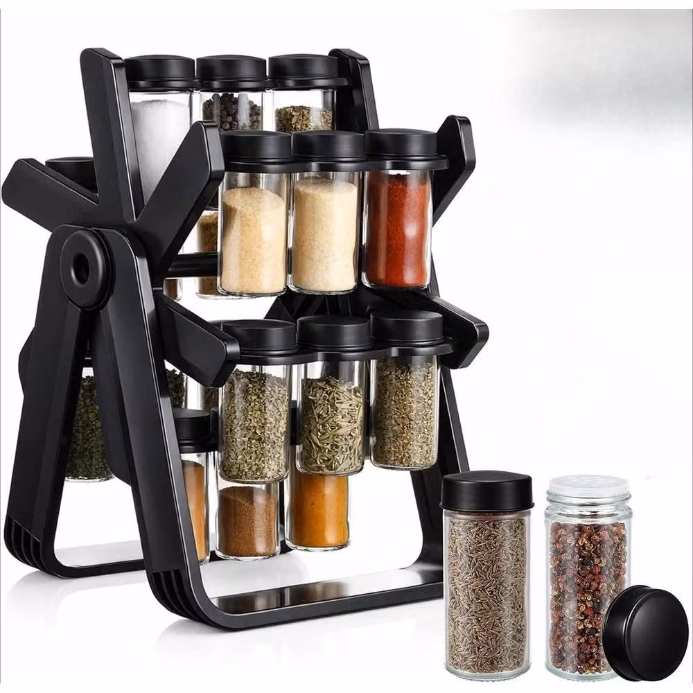 Pawnora Rotating Spice Rack with 18 Black Glass Jars – 3