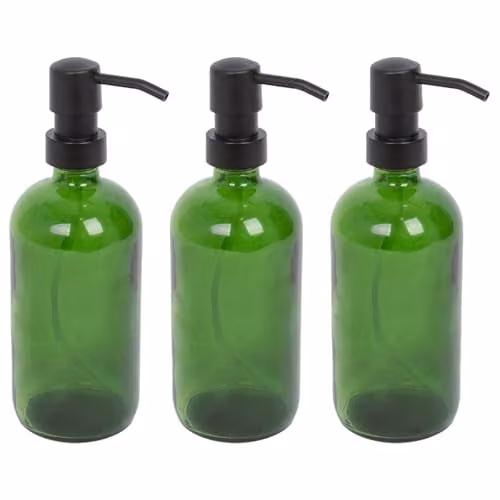 Harbour Housewares Green Glass Soap Dispensers, Pack of 3, 500ml Refillable Bottles with Black Pumps – 1
