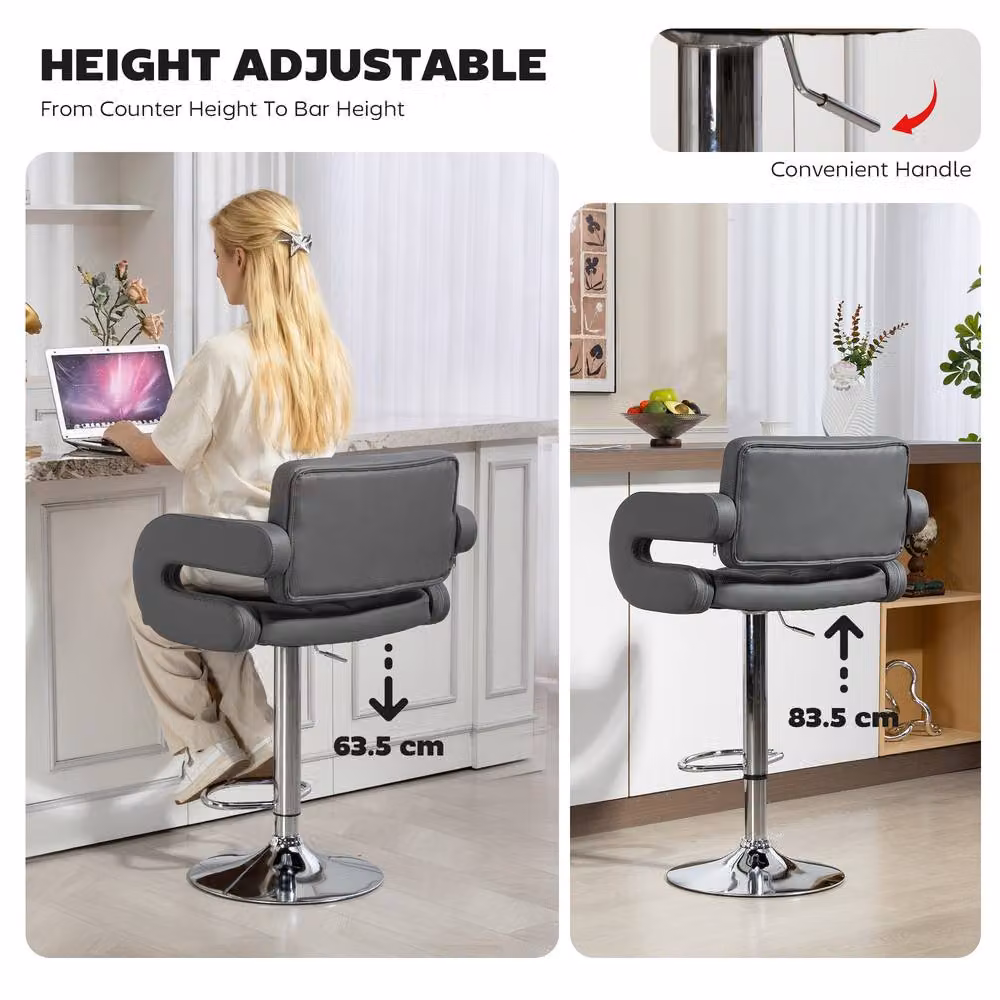 ERGOVEXA Luxe PU Leather Swivel Bar Stool with Armrests in Grey – 3
