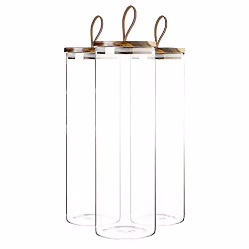 Argon Tableware Scandi Airtight Glass Storage Jars with Brown Leather Loop Lids, 2 Litre, 3 Pack, Transparent – 1