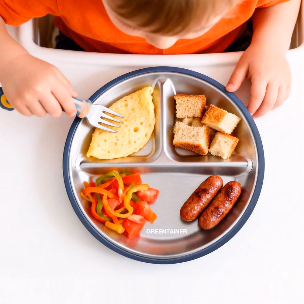Greentainer 3-Piece Blue Stainless Steel Divided Plate Set with Silicone Suction Base – 7