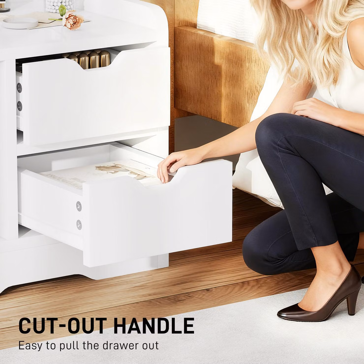 HOMCOM Modern High Gloss White Bedside Table with 2 Drawers and Open Shelves – 3