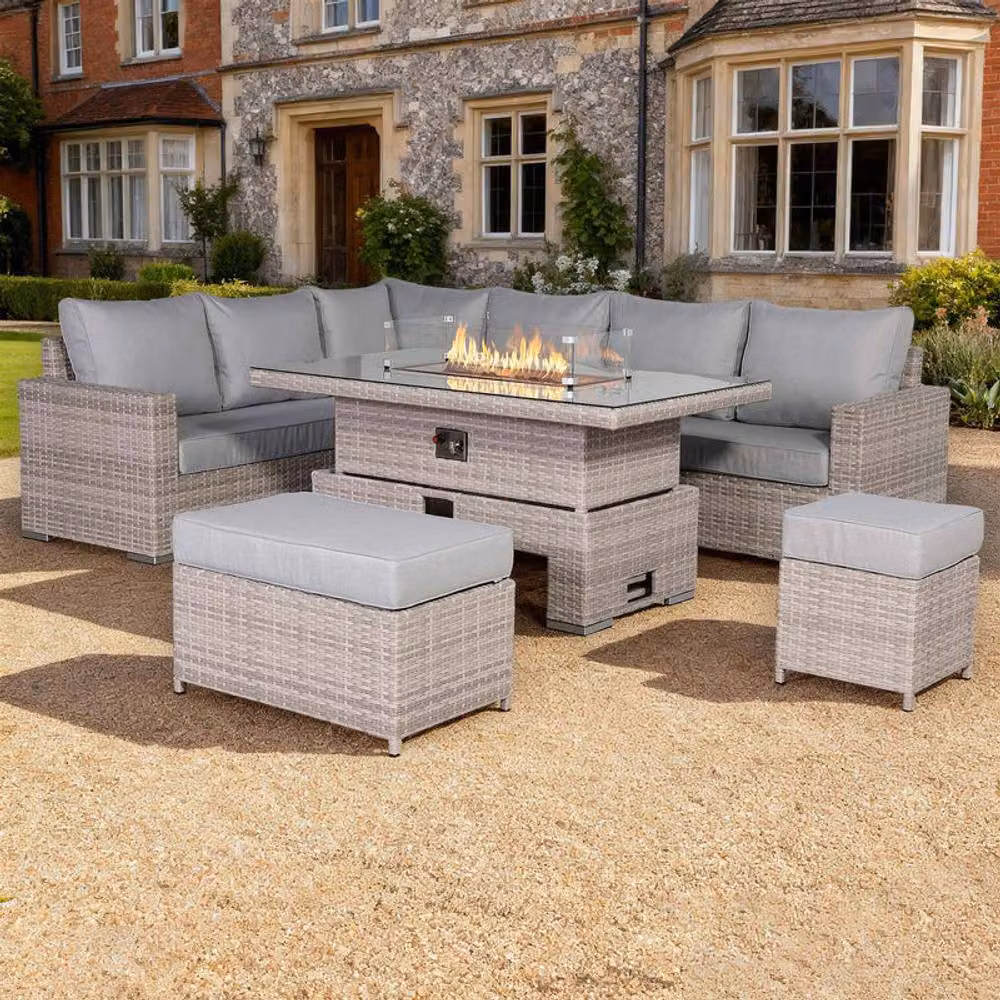 DS Living Large Corner Rattan Dining Set with Rising Firepit Table in Grey (Right Hand) – 2