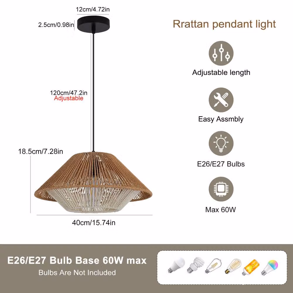 NIVOR Adjustable Boho Rattan Pendant Light, E27 Cone Suspended Chandelier in Brown – 2