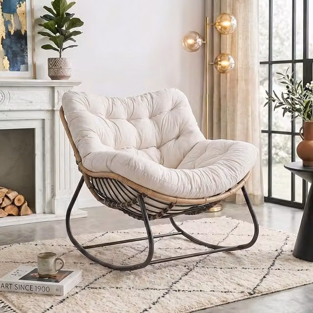 Livingandhome Modern Egg Rattan Rocking Chair with White Fabric Cushion