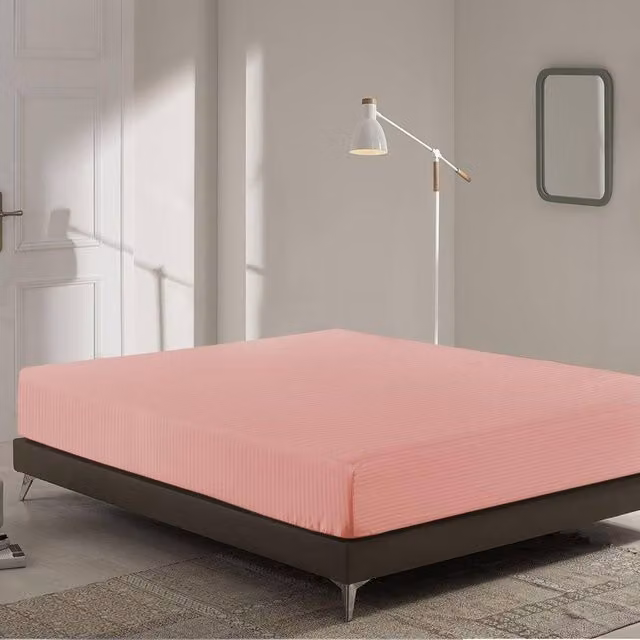 Homes-Linen Extra Deep Microfibre Striped Fitted Sheet in Pale Pink, Size: Double (140 x 200 cm, Depth: 40 cm)