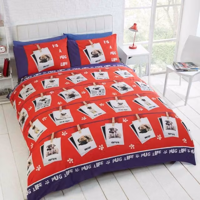 Rapport Home Pug Life Polycotton Duvet Set and Pillowcase in Multicolour Graphic Animal Print