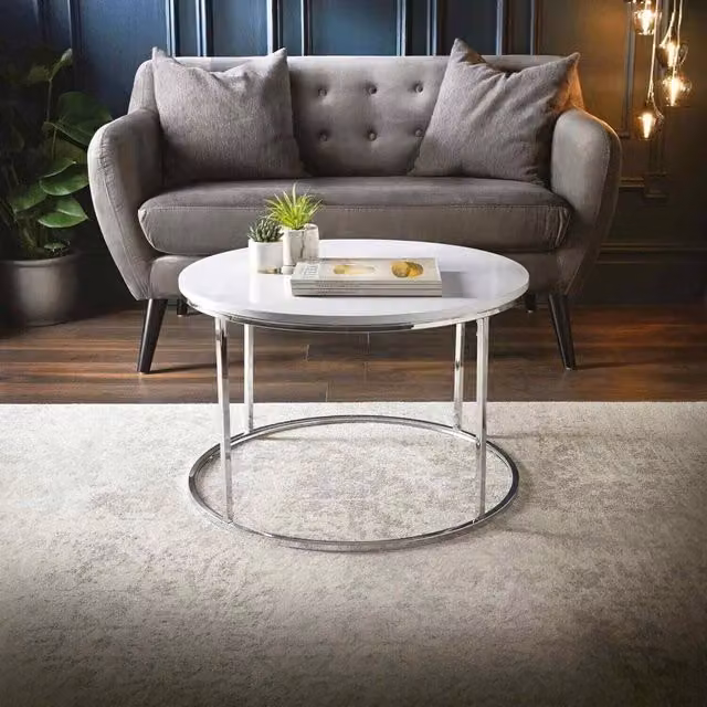 FLAVORA Round Coffee Table in White High Gloss with Metal Sled Base