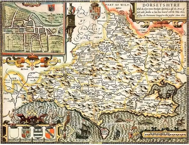Dorset Historical Map 1610 1000 Piece Jigsaw Puzzle in Multicolour and Yellow