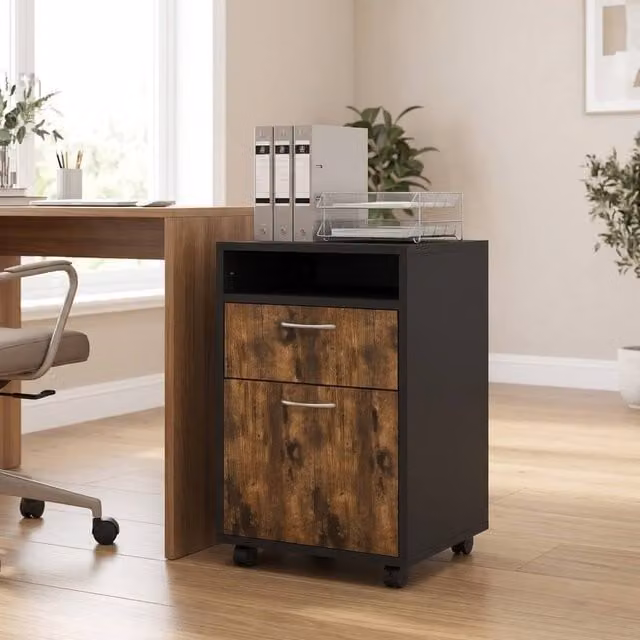 STILVORA Rustic Brown Filing Cabinet with Drawer and Castors – 1