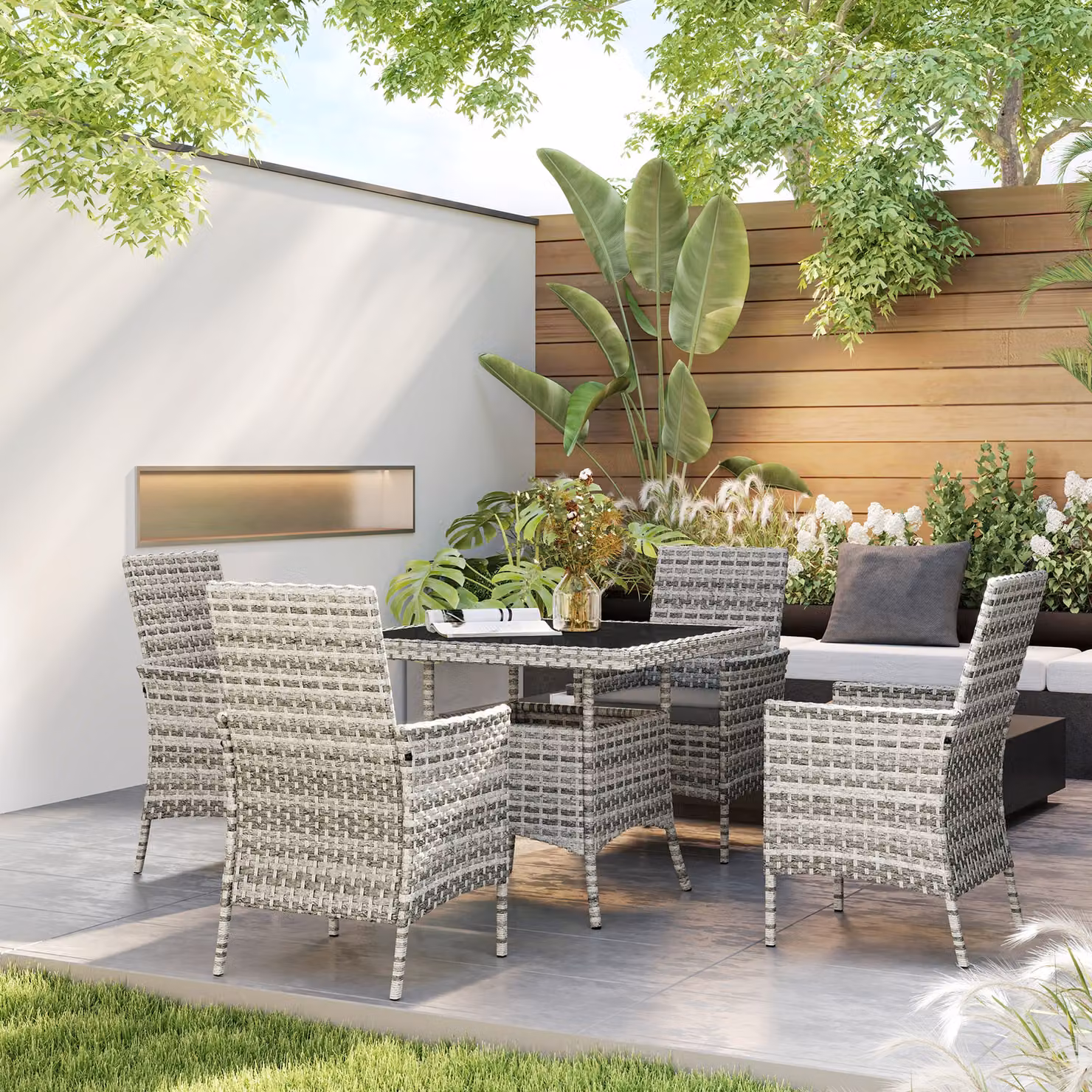 Outsunny Rattan Garden Furniture Set in Mixed-Grey with 4 Armchairs, Square Tempered Glass Top Dining Table and Weather-Resistant Cushions – 6