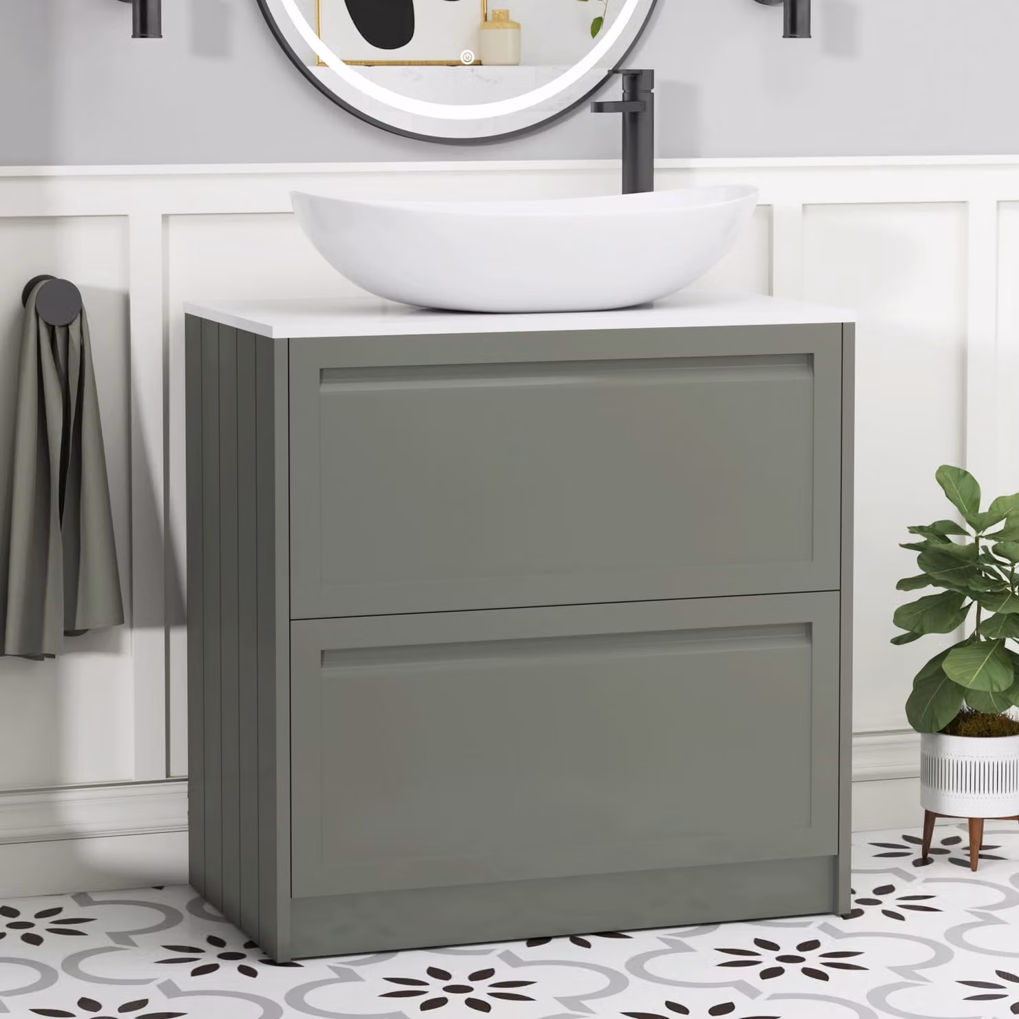 Royal Bathrooms Elmore 800mm Matt Green Floor Standing Vanity Unit with 2 Drawers, Plain White Worktop and Cesar Basin