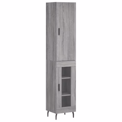 vidaXL Modern Grey Sonoma Highboard with Glass Doors and Internal Shelves, W/D/H: 34.5 x 34 x 180 cm