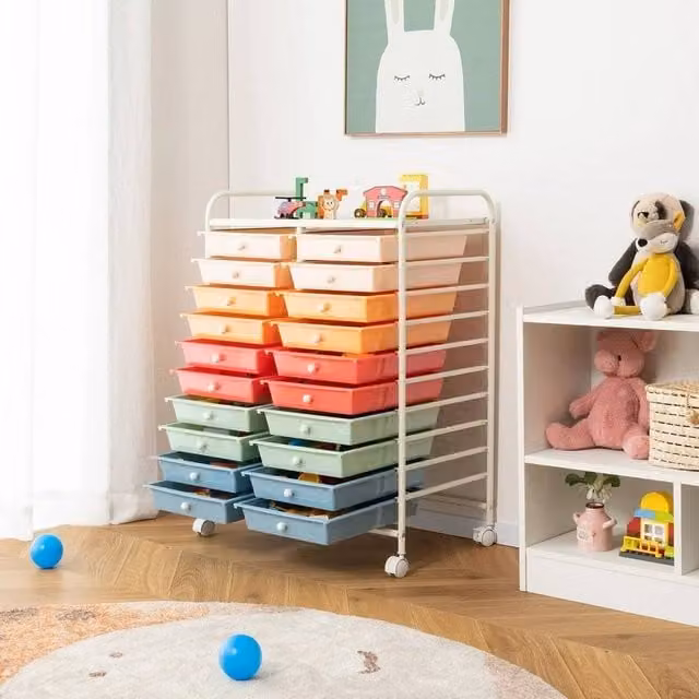 Kelvenix 20 Drawer Mobile Storage Trolley with Castors in Silver and Multicolour