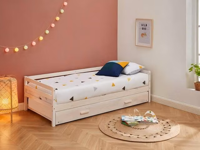 Vente-unique Single Trundle Bed in White, Solid Pine and MDF