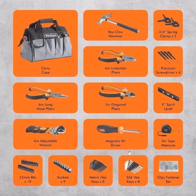 VonHaus 92-Piece Tool Set with Heavy Duty Bag in Black and Grey