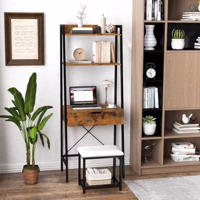 CASART Ladder Dressing Table Set with Stool and Flip-up Mirror in Brown – 1