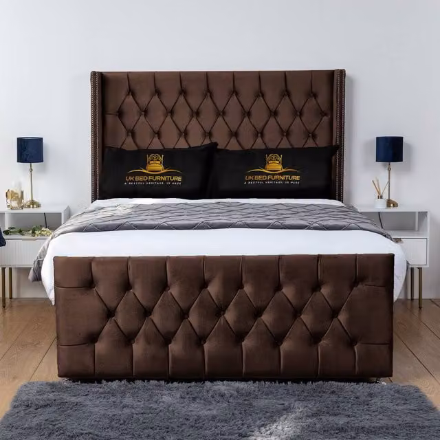 UK Bed Furniture Emily Wingback Divan Bed with 54 Inch Diamond Headboard in Brown, King Size (W/D: 180 x 200 cm)