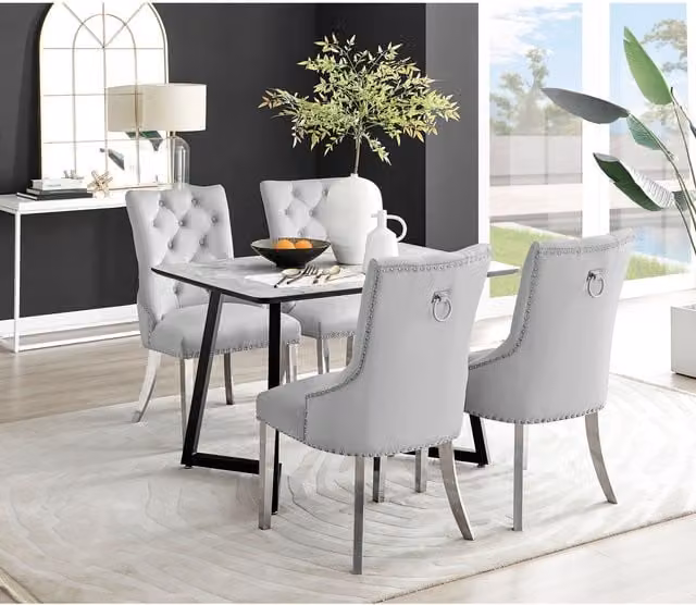 FurnitureboxUK Carson White Marble Effect Dining Table and 4 Belgravia Grey Chairs